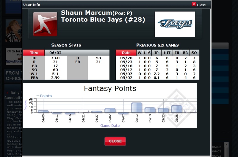 365 offers Player Info pop-ups that can prove useful during your roster selection process.
