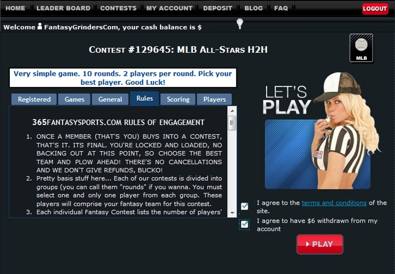 A shot of 365's league registration screen, prior to the roster selection process.