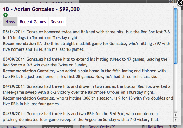 Click on a Player for a quick pop-up with Recent News, Recent Performance and Season info.
