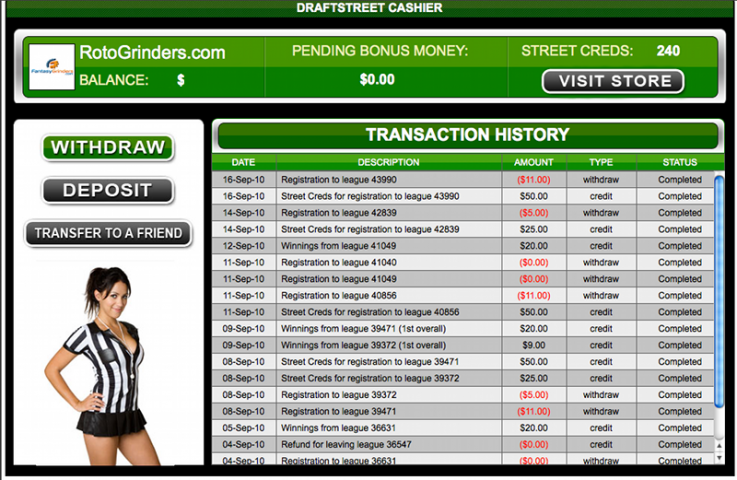 DraftStreet has a very organized 'My Account' section for tracking your results and referalls.